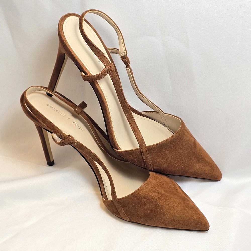 Charles and Keith pointed toe slingback heels caramel women's size 38